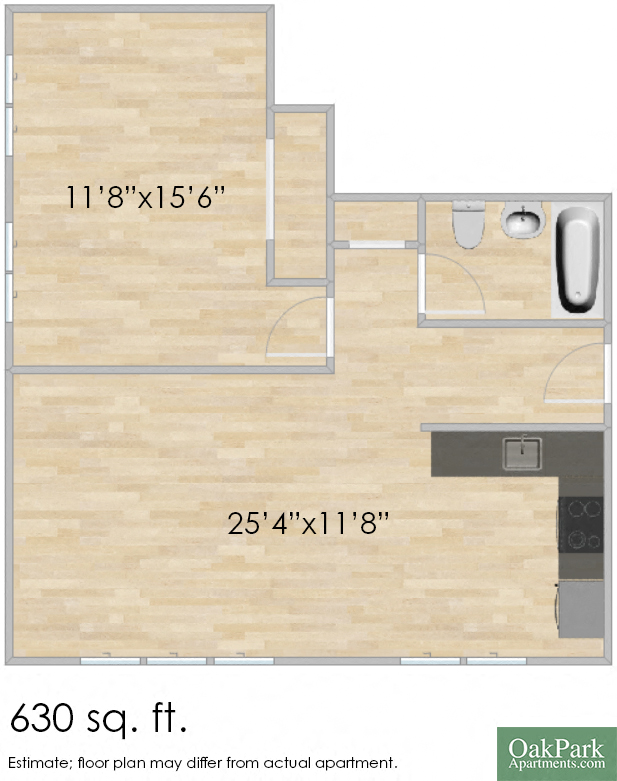 Floor plan for 1 bed, 1 bath, 630 sqft